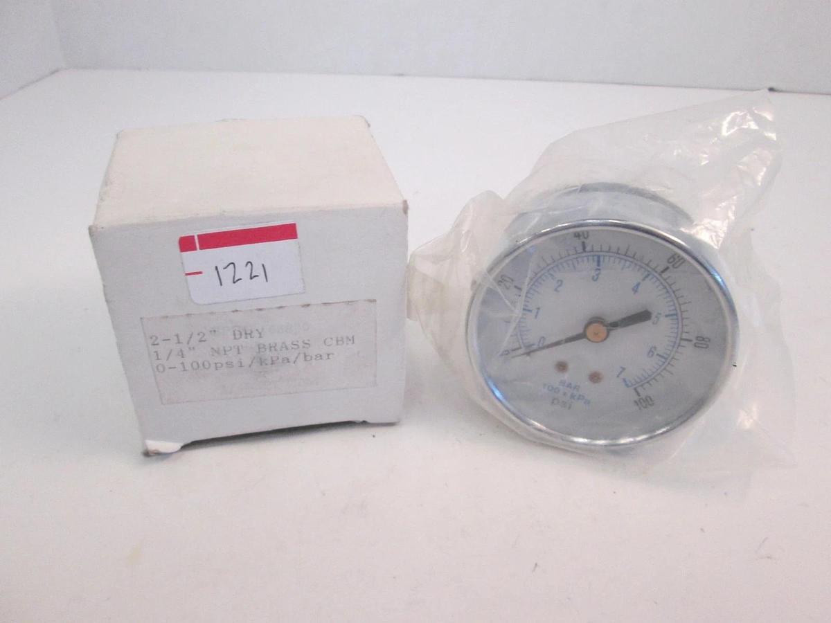 Pressure Gauge, 0-100 psi / 0-7 bar, 2-1/2", New