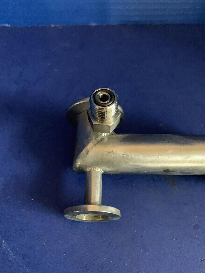 Used Vacuum Tube Miltered Elbow w/ 2 Ports, 4" SS Pipe, NW25 Flanges, Used