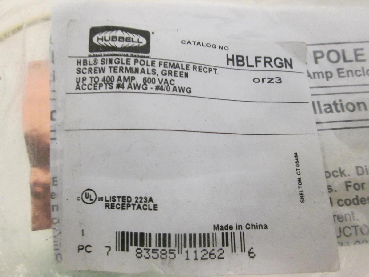 Hubbell, HBLFRGN, Single Pole Female Receptacle, Green, New