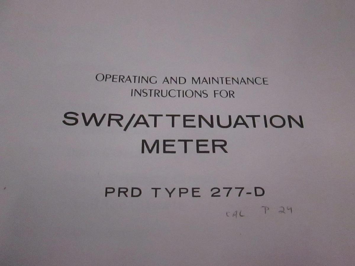 Used PRD Type 277-D SWR-Attenuation Meter Operating and Maintenance Manual, Used