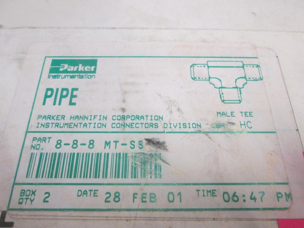 Used Parker, 8-8-8 MT-SS, Male Tee Pipe Fitting, Box of 2, New