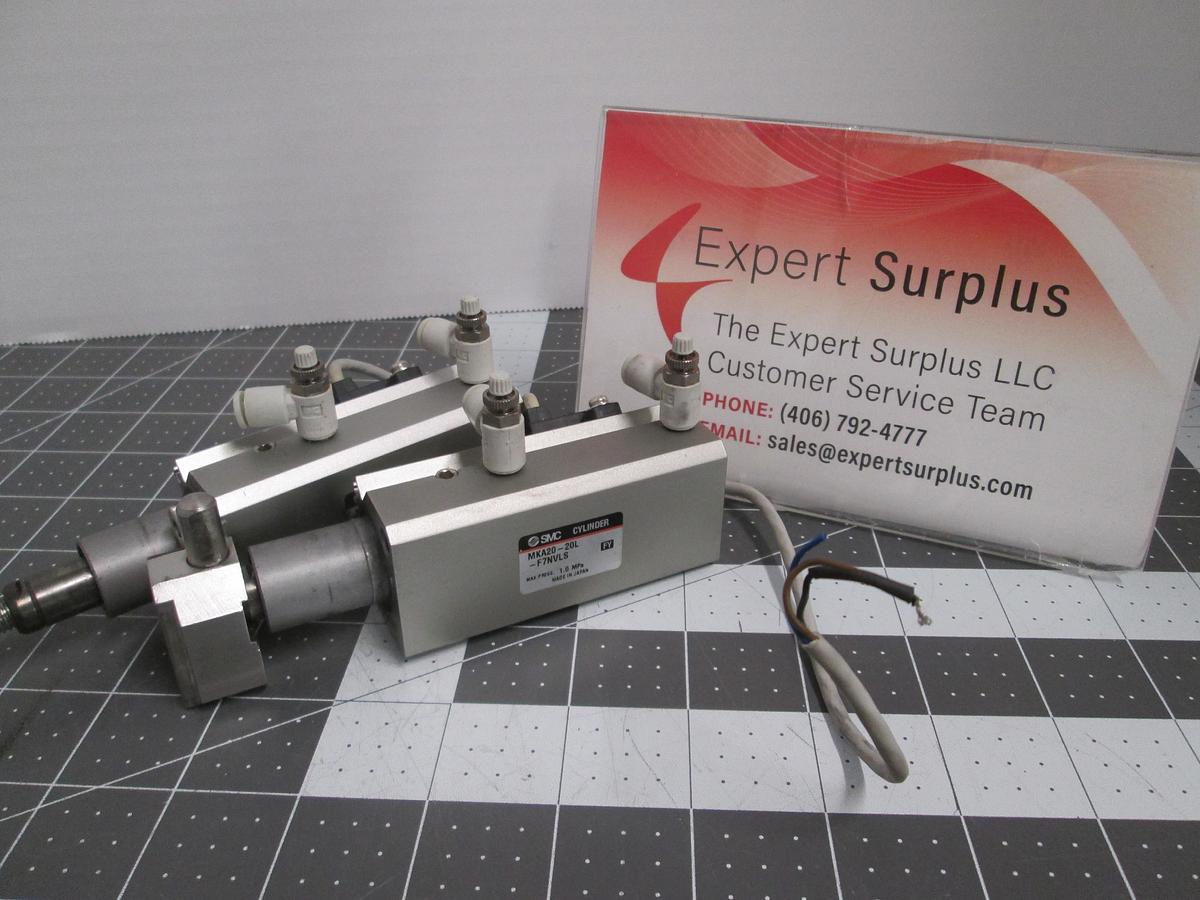 Used SMC MKA20-20L Rotary Clamp Pneumatic Cylinder Lot of 2 with Speed Controls