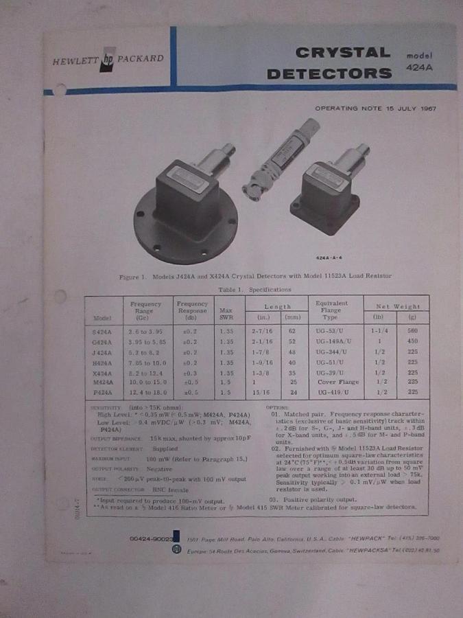 Used HP 424A Crystal Detectors Operating Note, Used