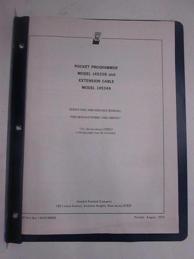 Used HP Pocket Programmer 14533B and Extension Cable 14534A Operation Manual, Used