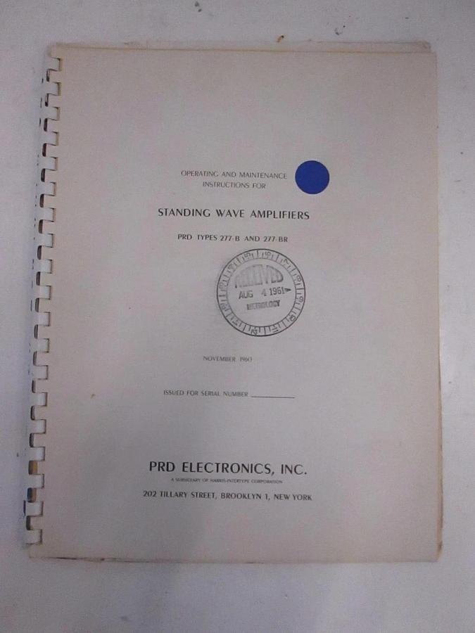 Used PRD Types 277-B and 277-BR Standing Wave Amplifiers Operating Manual, Used