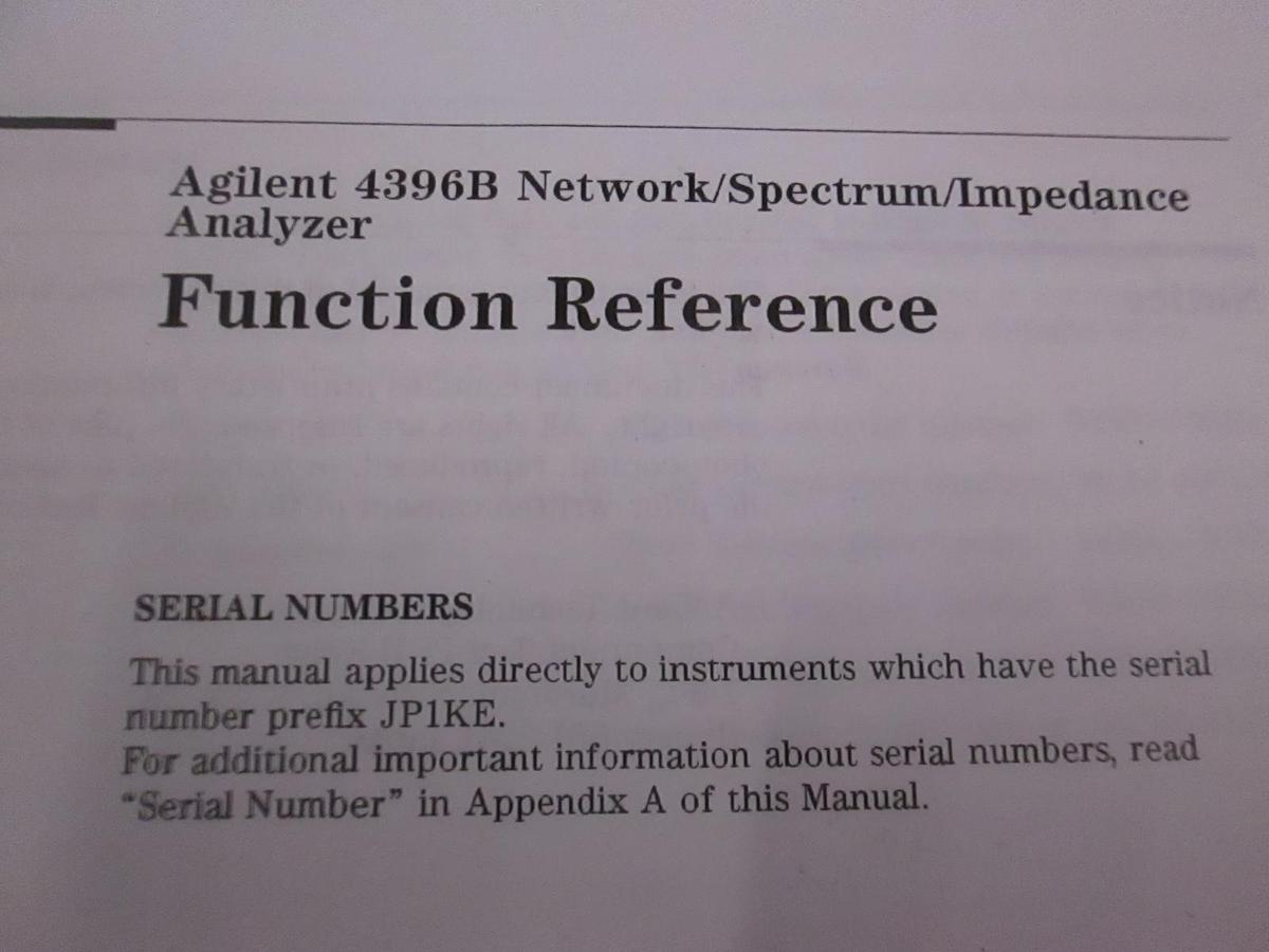 Used Agilent 4396B Network/Spectrum/Impedance Analyzer Function Reference, Used