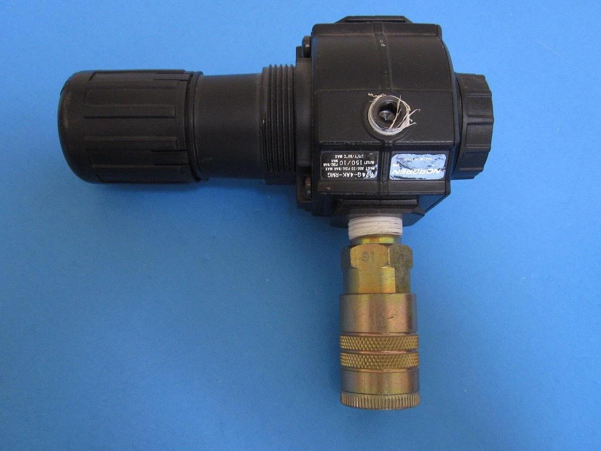 Used NORGREN R74G-4AK-RMG PNEUMATIC PRESSURE REGULATOR w/ Coupler