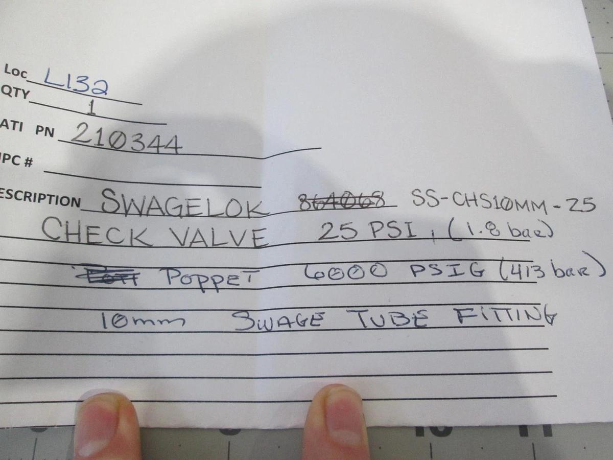 Swagelok, SS-CHS10MM-25, Check Valve, 25PSI, New