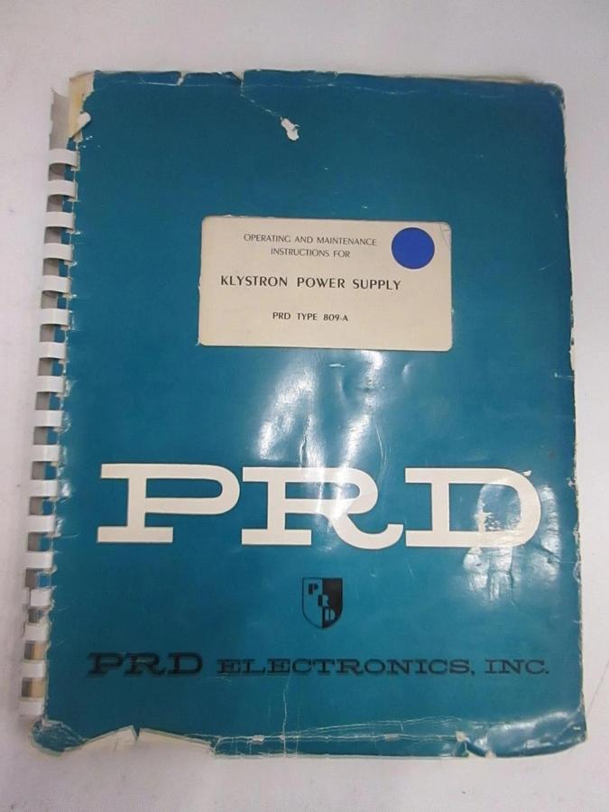 Used PRD Type 809-A Klystron Power Supply Operating and Maintenance Manual, Used