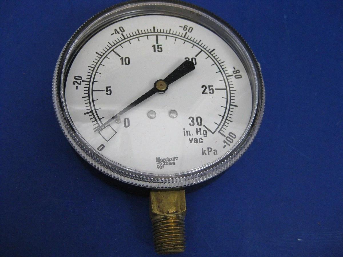 Used Marshall Town 3.5" Vacuum Gauge, 0-30" HG VAC / 0 to -100 kPa , New