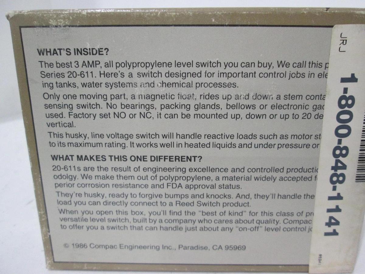 Compac Engineer, Vertical Float Switch PP N/C Dry, Series 20-611, 6911.421, New