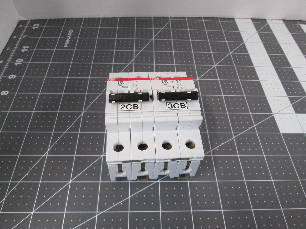 Used ABB, S272-K2A, 2A 2 Pole K Curve Circuit Breaker 220/380VAC DIN Rail Lot of 2