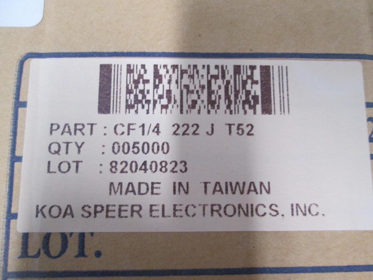 KOA, CF1/4 222 J T52, Resistor, Carbon Film, New, Reel of 5000