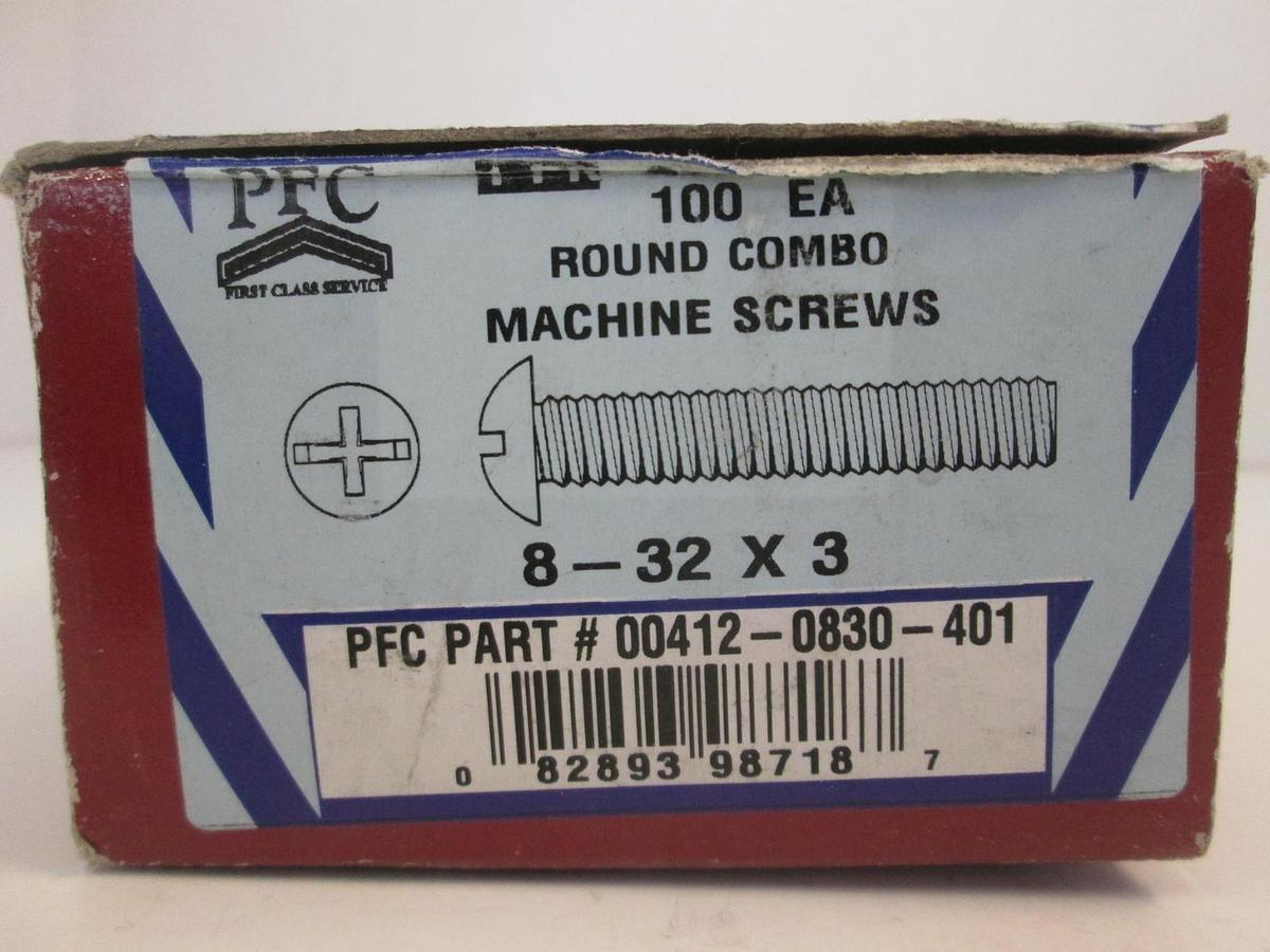 PFC Round Combo Machine Screws, 00412-0830-401, 8- 32 x 3, Lot of 25 New