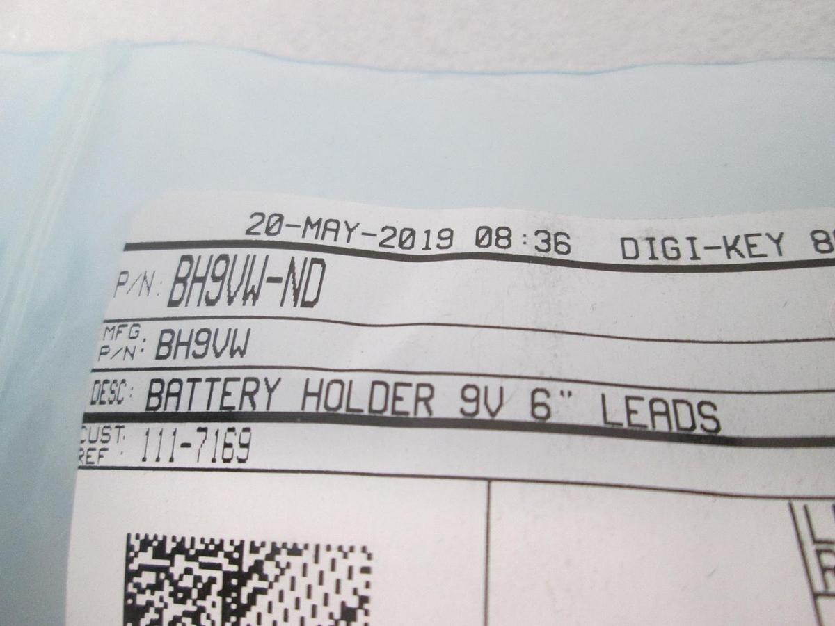Digi-Key, Battery Holder, 9V, 6" Leads, 111-7169, New