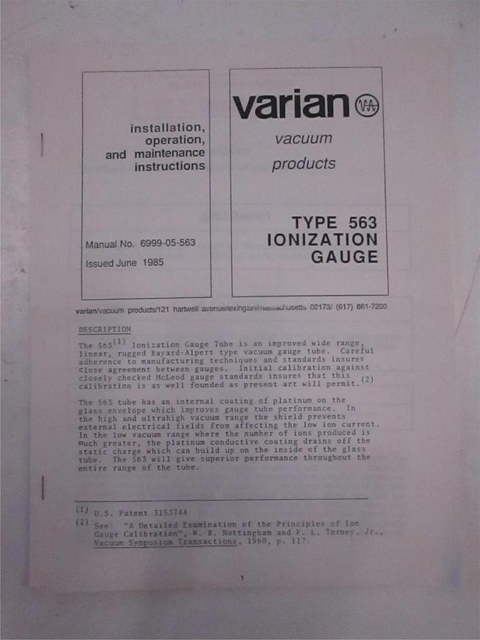 Used Varian Type 563 Ionization Gauge Installation Instruction Manual, Used