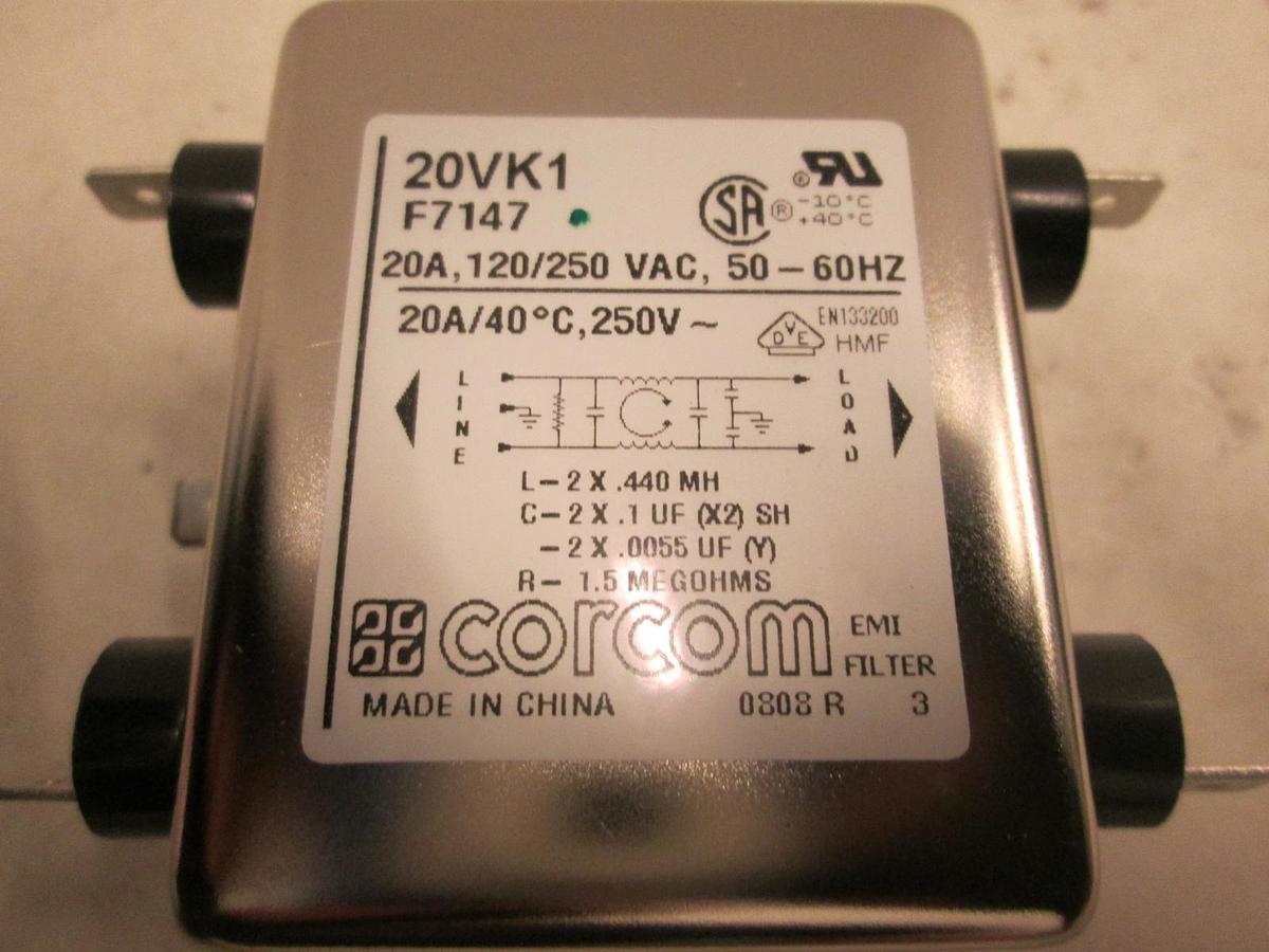 Used Corcom, 20VK1, F7147, 120/250 VAC, 50/60Hz, EMI Filter, New