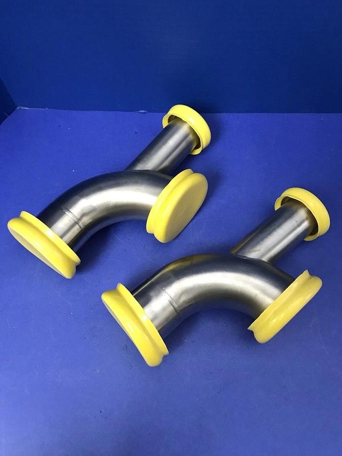 Used SS Vacuum Tube 90° Elbow 4.5" x 3", NW50 Flanges & NW40 Port, LOT of 2 New