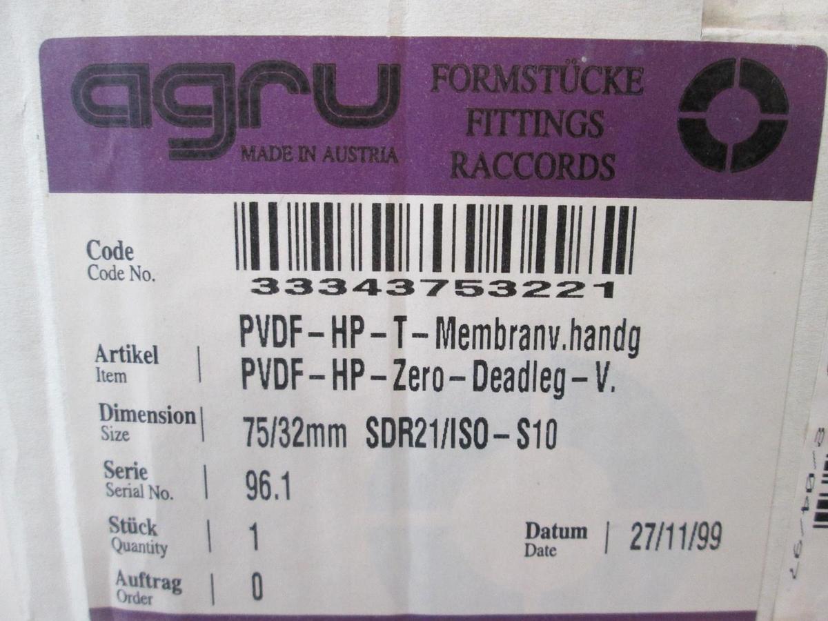 Agru, PVDF-HP, T-Diaphragm Valve 2 1/2"/ 1", 150 PSI, New