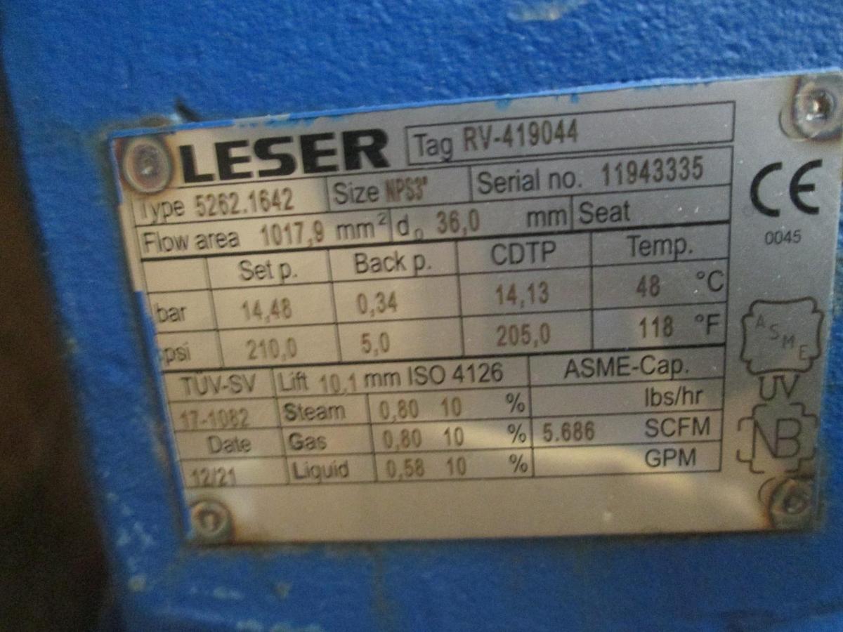 Used Leser, Pressure Relief Valve, 5262.1642, RV-419044, Size NPS3, Used
