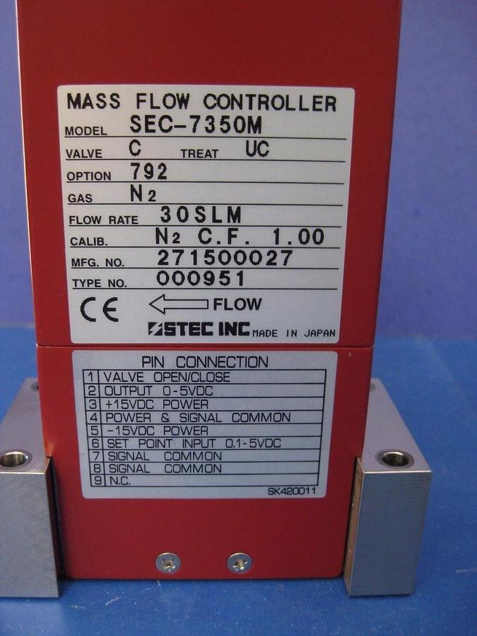 Used Stec SEC-7350 Mass Flow Controller, Surface Mount N2, 30 SLM, Used