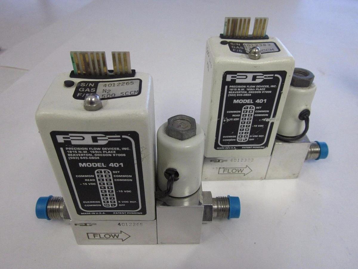 Used Precision Flow 401 MFC, Gas: N2, Range: 500SCCM, 1/4" M VCR In/Out - LOT of 2