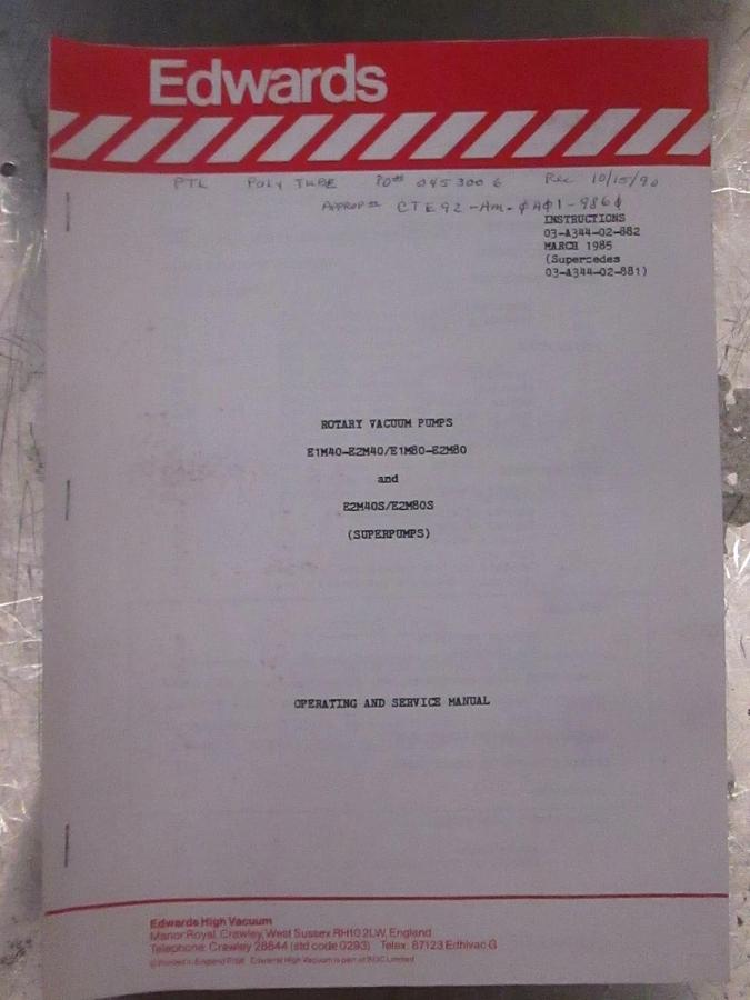 Used Edwards Rotary Vacuum Pumps (Superpumps) Operating and Service Manual, Used