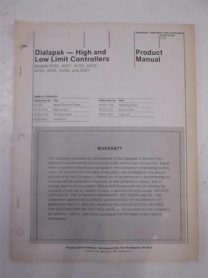 Used Process Control Division Dialapak Controllers Product Manual, Used