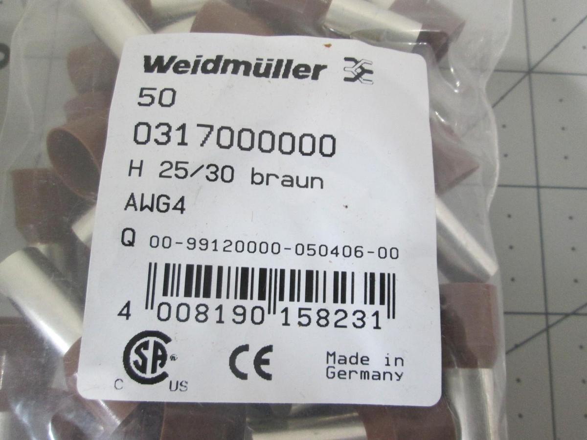 Weidmuller, 0317000000, Ferrule, End, Cable, 4 AWG, BR, New, Lot of 50