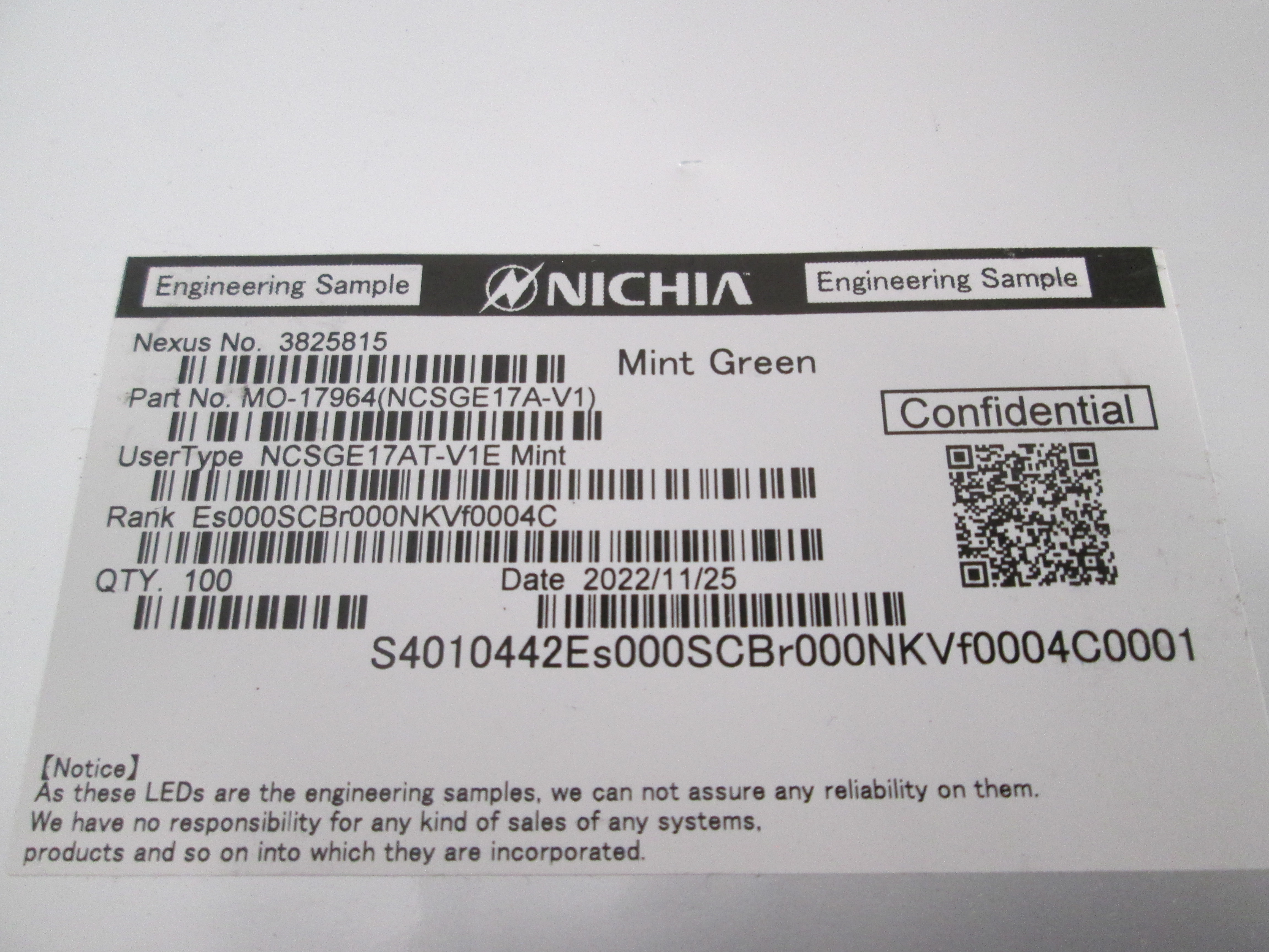 Nichia, NCSGE17AT-V1E, Mint Green LED Engineering Sample 100PCS Mo-17964 