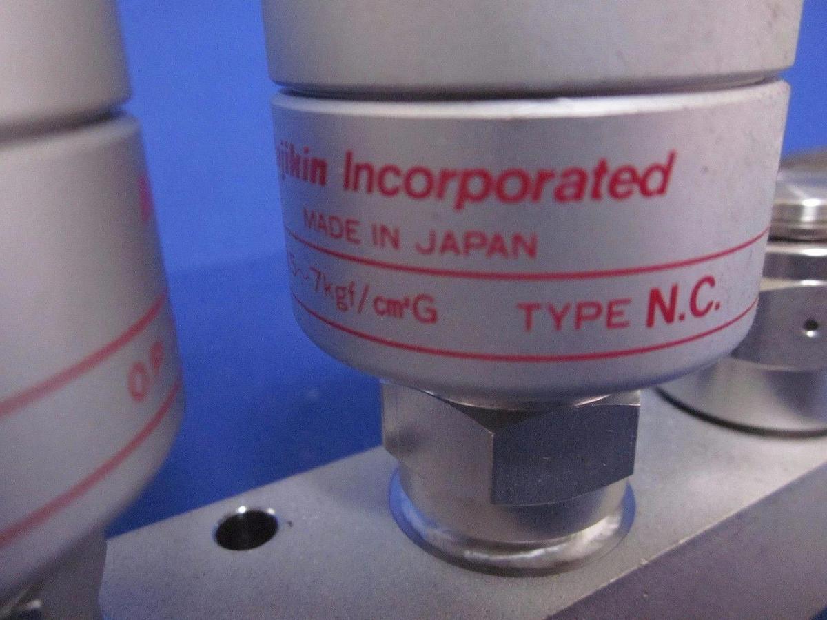 Used Fujikin TEL 4 Port Block w/ 2 Pneumatic Valves, O.P. 3.5-kgf/cm2G NC/NC, Used
