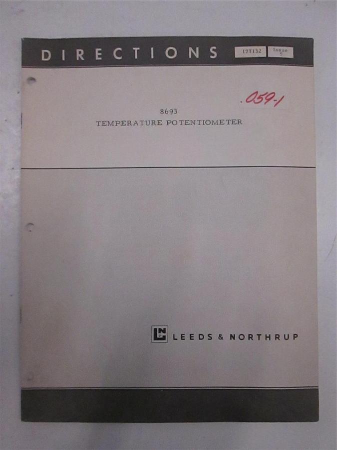 Used Leeds and Northrup 8693 Temperature Potentiometer Directions, Used