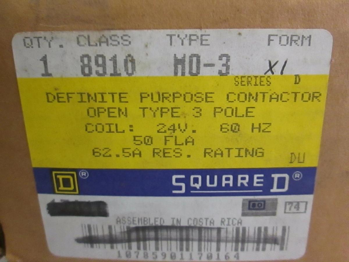 Used Square D MO-3 Definite Purpose Contactor Class 8910 24V, 60Hz, 3 Pole, New
