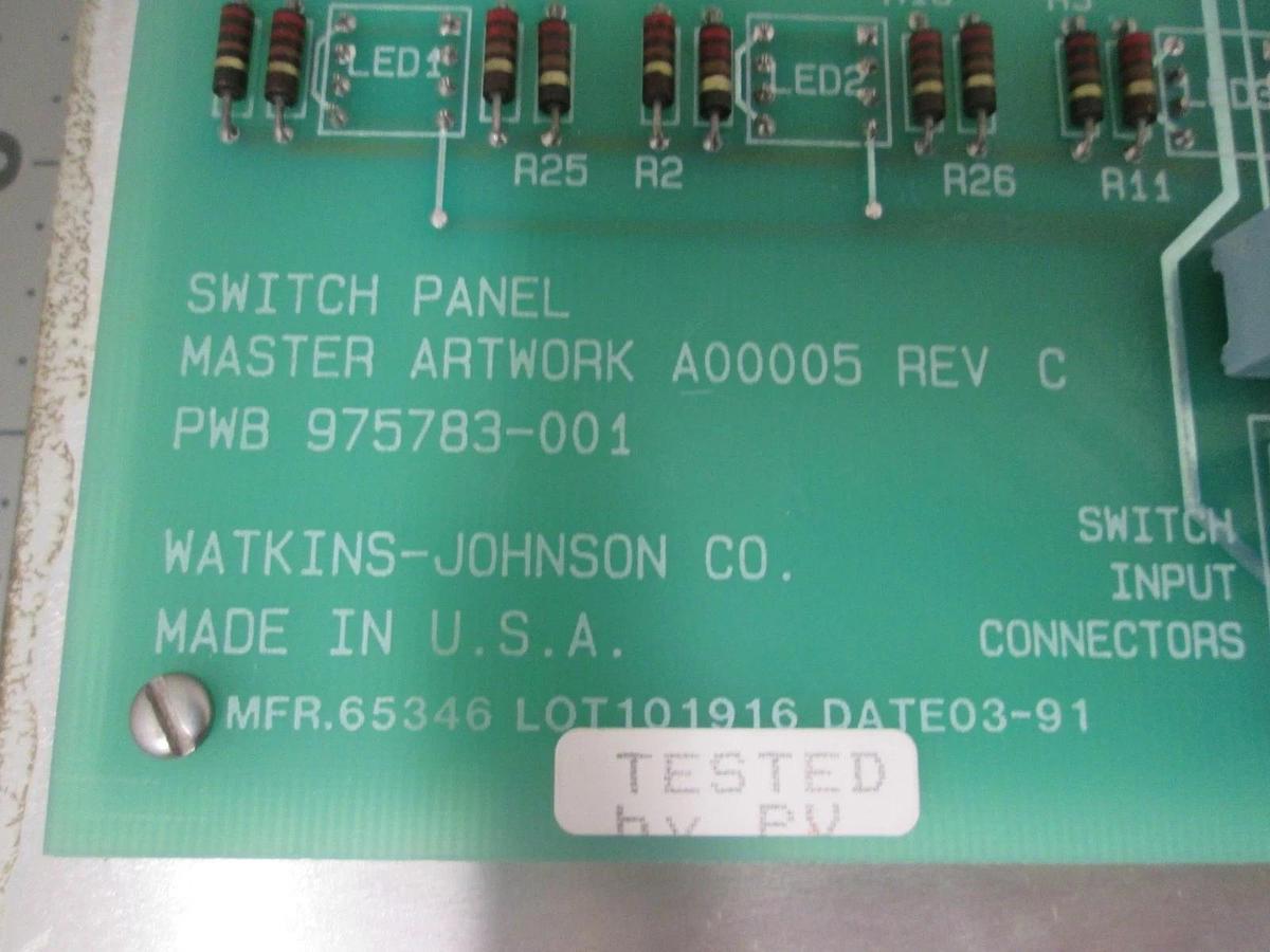 Used Watkins Johnson, 975783-001, Switch Panel w/ PCB Assy for WJ999 Injector Hoist