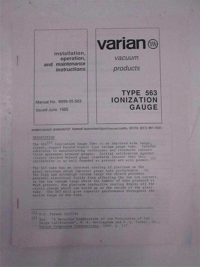 Used Varian Type 563 Ionization Gauge Installation Instruction Manual, Used