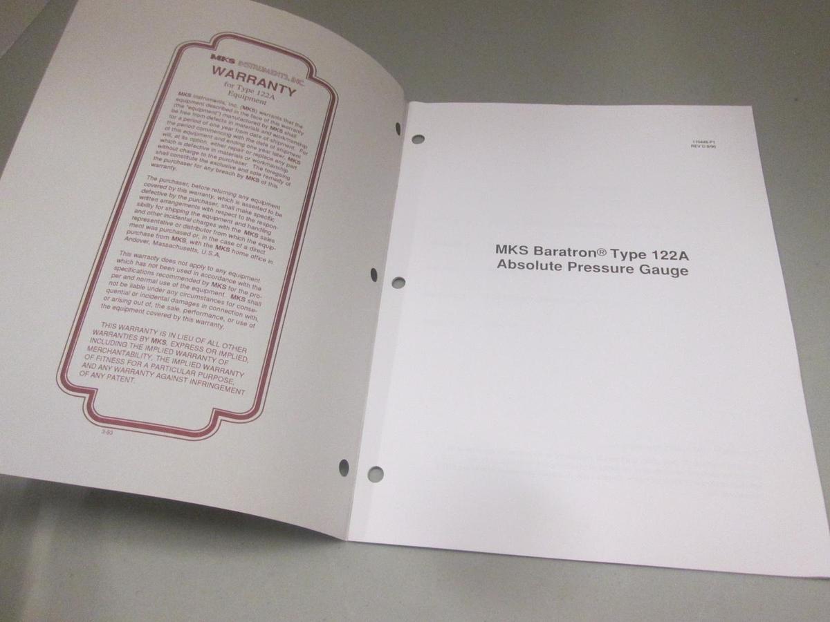 Used MKS, Type 122A Absolute Pressure Gauge Instruction Manual, 110448-P1, Used