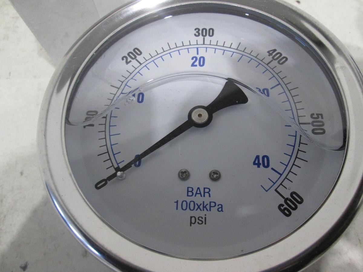 PIC Gauge, 201W-402K, 4", 0-600 PSI/Bar 1/2" LM SS/BR, 70/30 GLY H20 Mix, New
