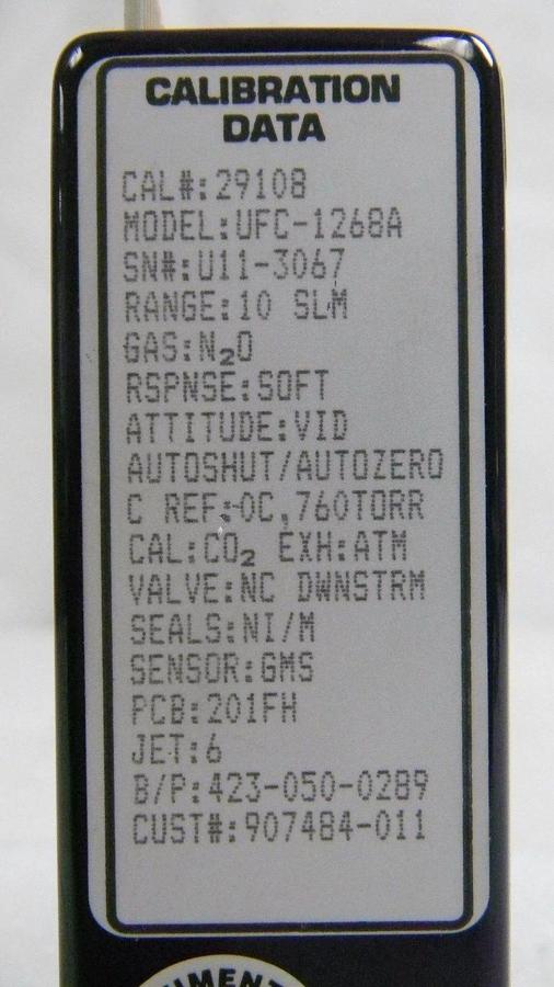 Used Unit UFC-1268A, Mass Flow Controller, Gas- N2O, Range- 10 SLM, 1/4" M I/O VCR
