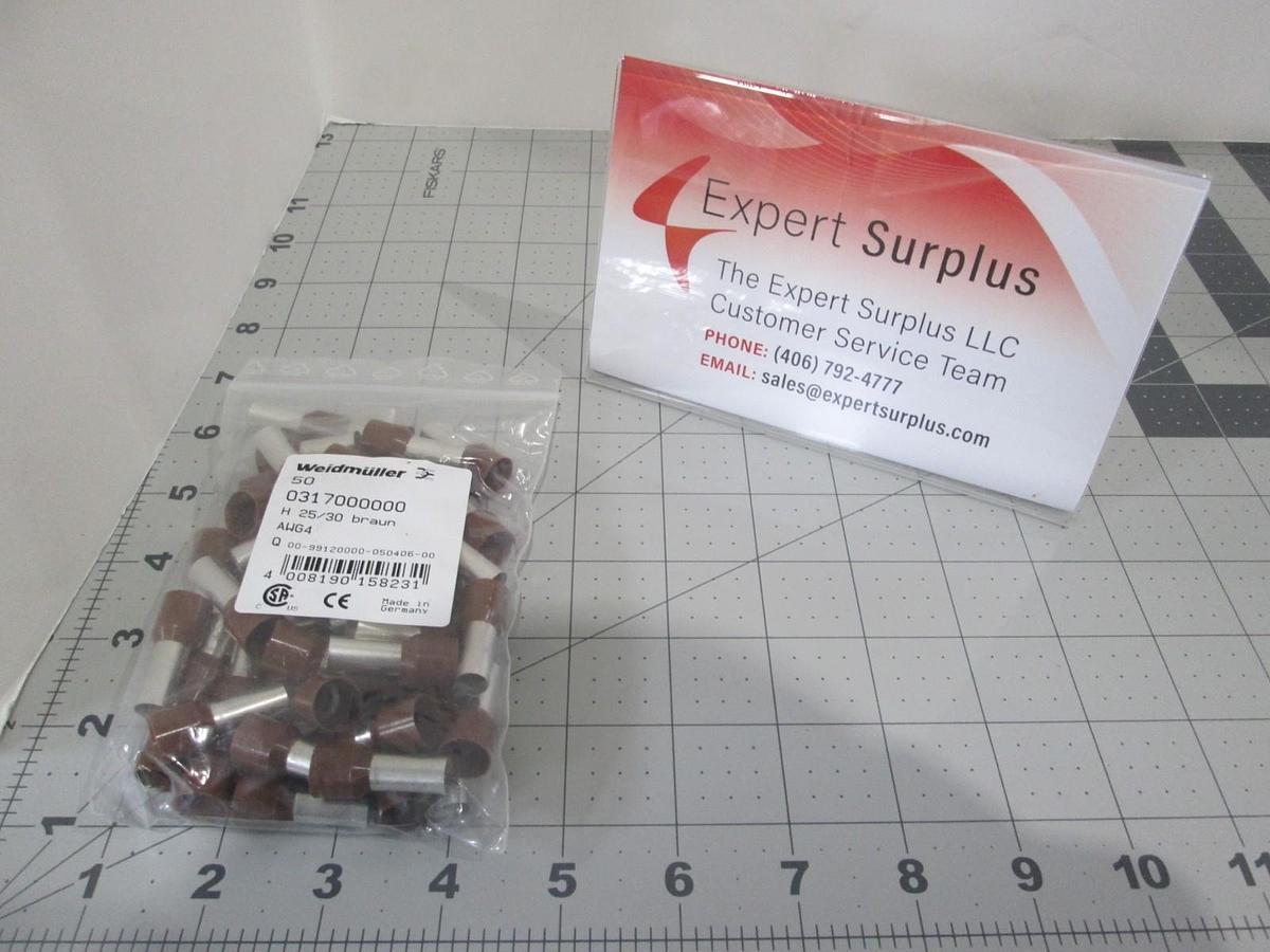 Weidmuller, 0317000000, Ferrule, End, Cable, 4 AWG, BR, New, Lot of 50