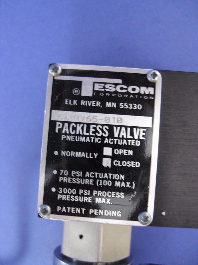 Used Tescom Packless Valve 49-PV65-010 Normally Closed, Used