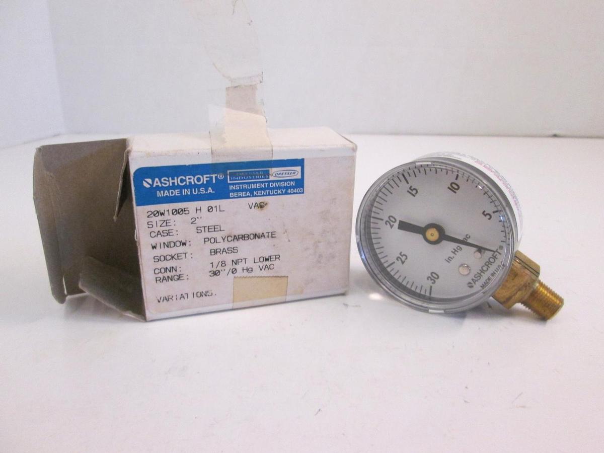 Ashcroft Vacuum Gauge, 20W1005, 2" Face, 30"-0 Hg VAC, New