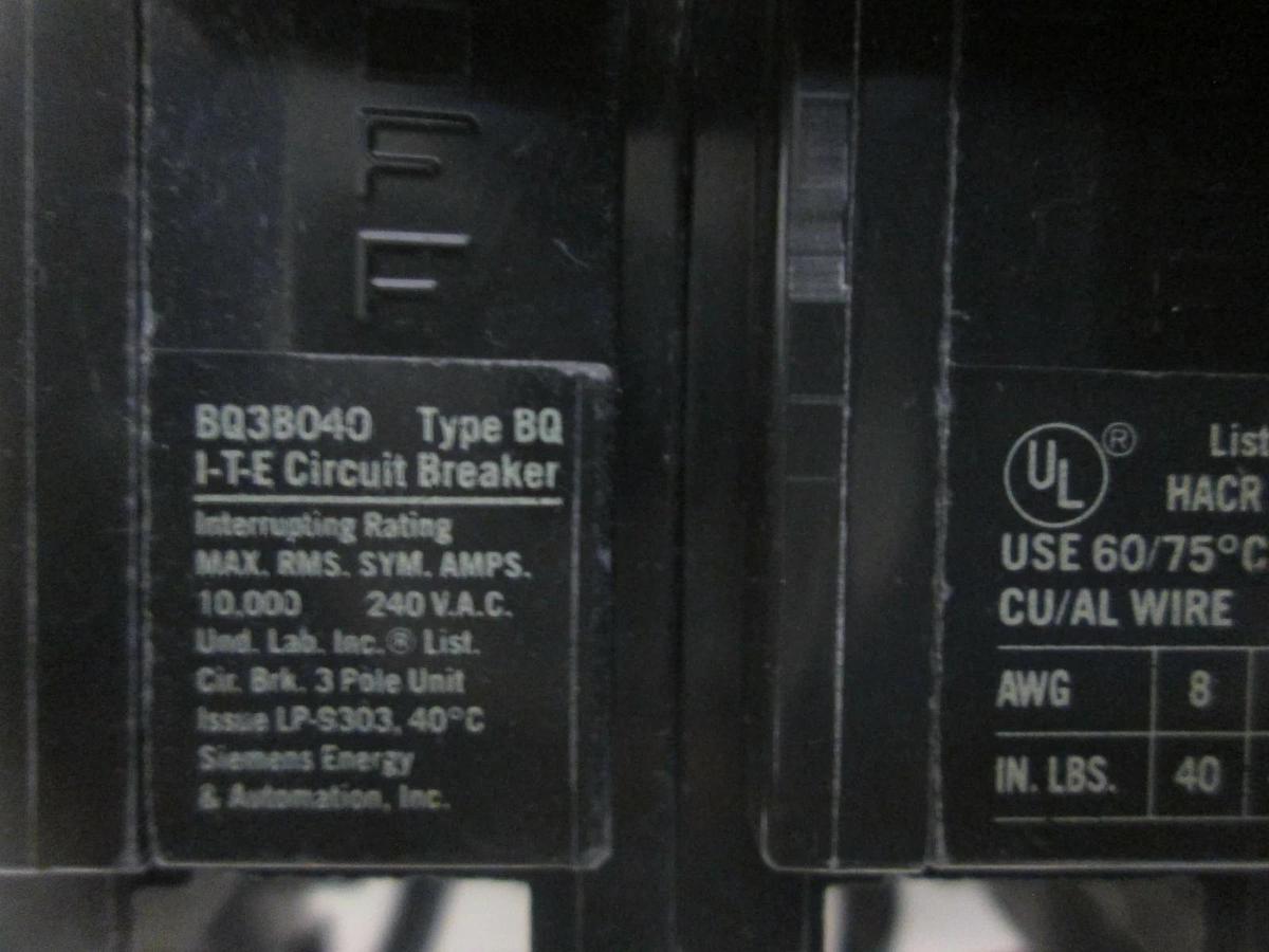 Used ITE, BQ3B040, Type BQ Circuit Breaker, 40A, 3 Pole, Used