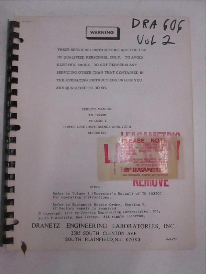 Used Dranetz Service Manual for TM-102700 Volume 2 Series 606, Used