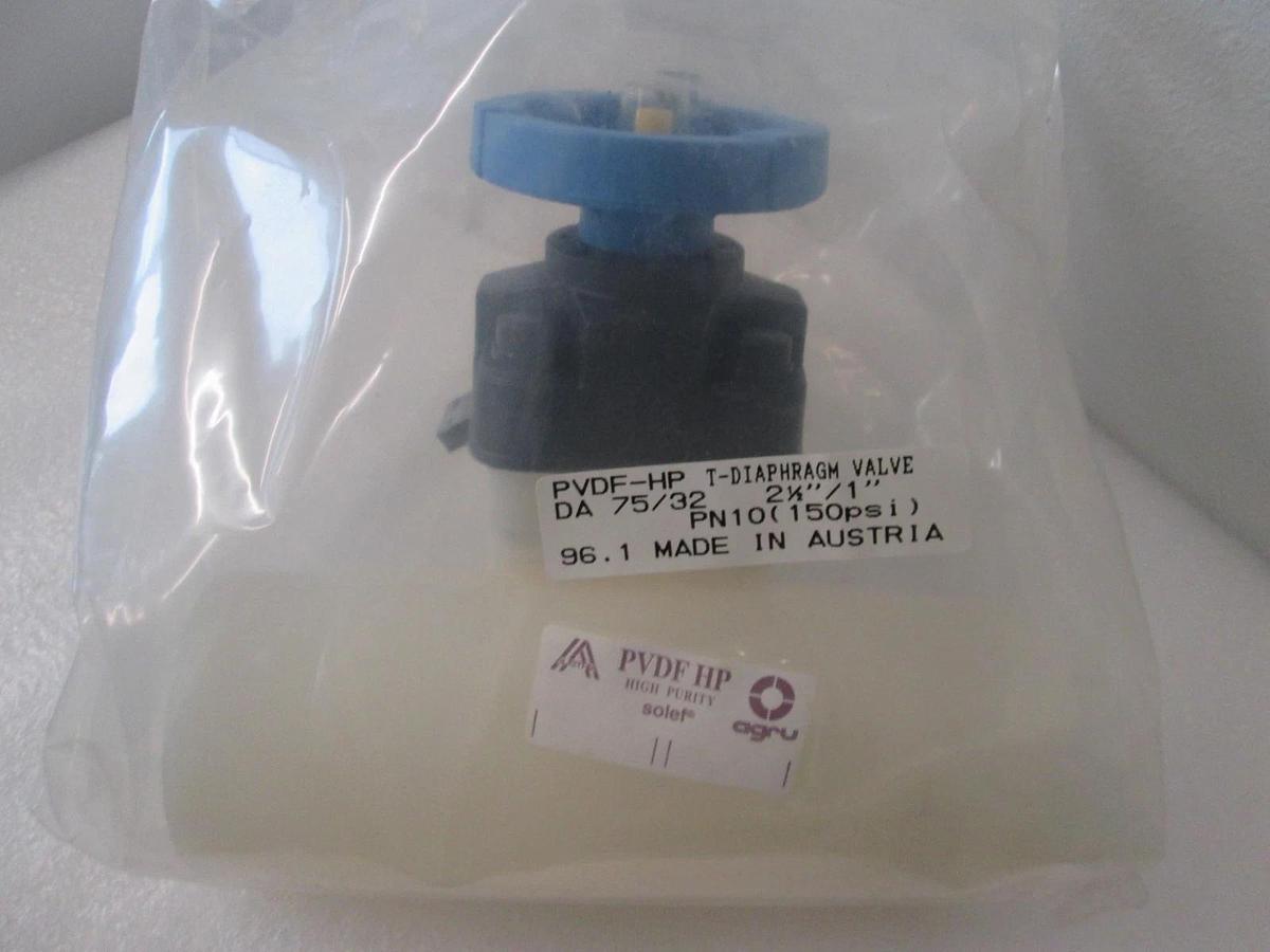 Agru, PVDF-HP, T-Diaphragm Valve 2 1/2"/ 1", 150 PSI, New