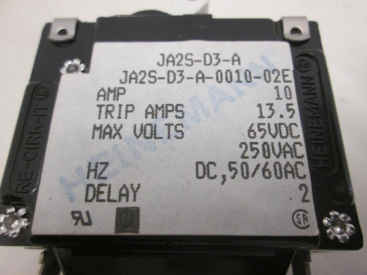 Used Heinemann JA2S-D3-A, 2 Pole Circuit Breaker Switch, 10A, 13.5A, 65VDC, Used