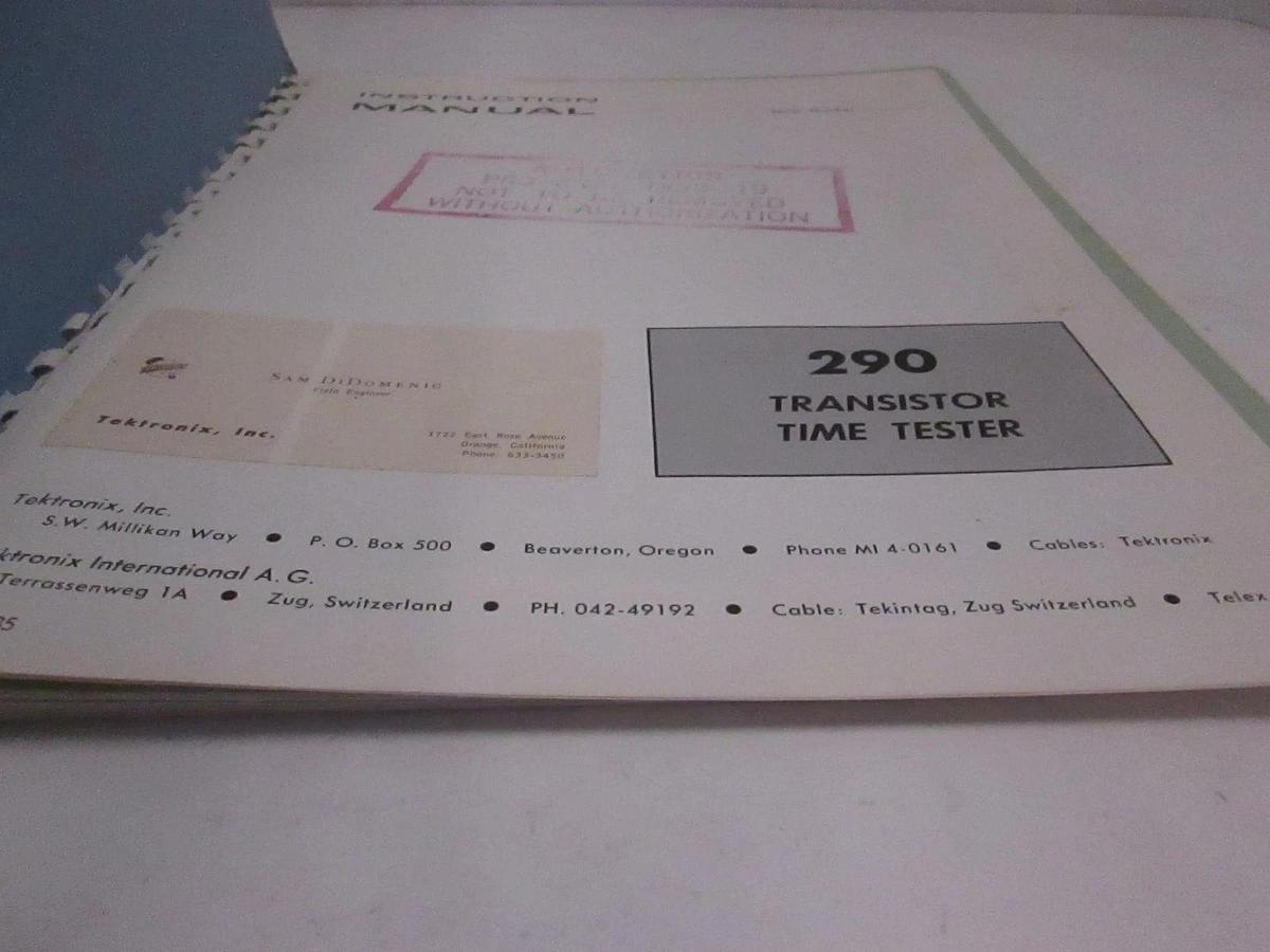 Used Tektronix Type 290 Transistor Time Tester Instruction Manual, Used