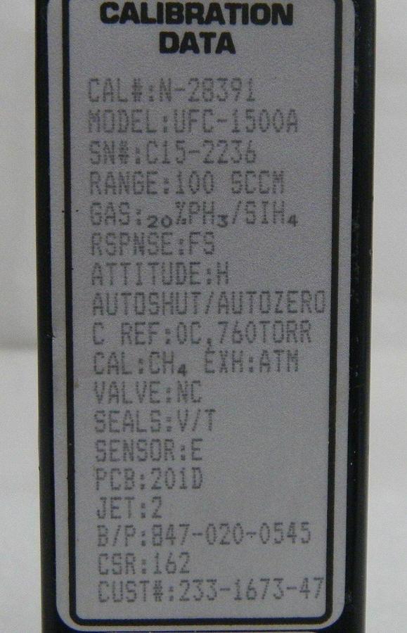 Used Unit UFC-1500A, Mass Flow Controller, Gas- SIH2CL2, Range- 75 SCCM, 1/4" M I/O