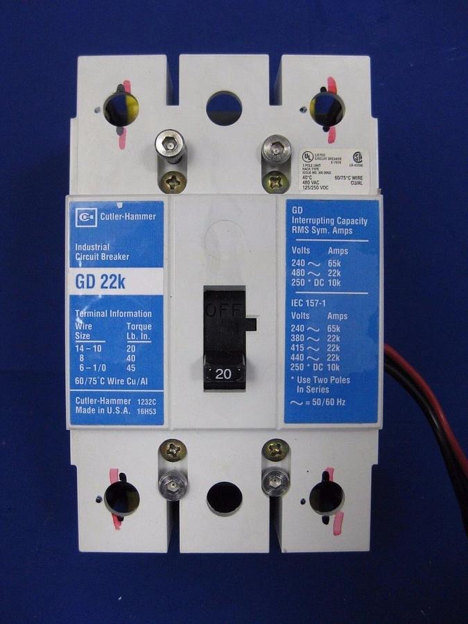 Used Cutler Hammer GD 22K Circuit Breaker 20A, 3 pole,