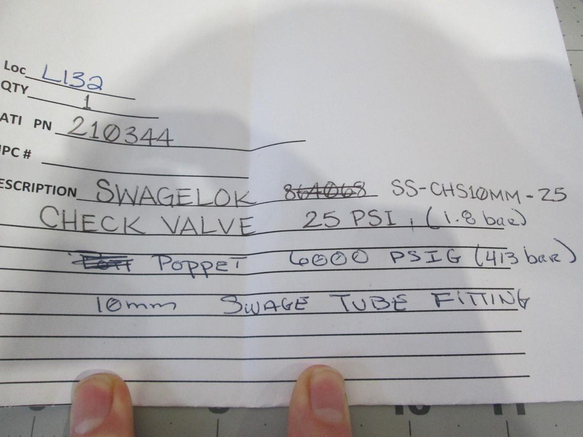 Swagelok, SS-CHS10MM-25, Check Valve, 25PSI, New