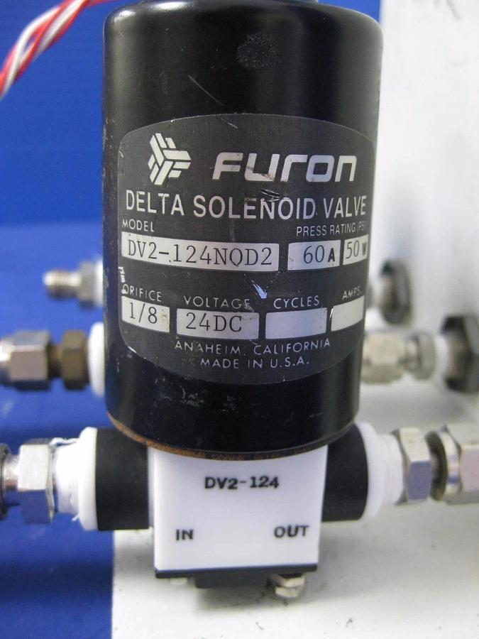 Used Brooks Sho-Rate 3 Flowmeter Assy w/ 3 Furon Delta Solenoid Valves, DV2-124NOD2